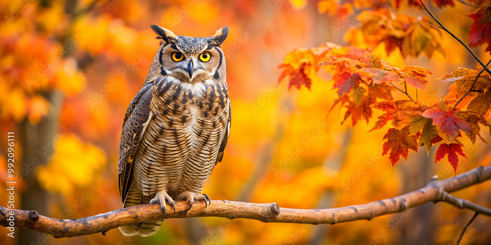Great horned owl perched on a branch with vibrant autumn leaves in the background, owl, bird, great horned, autumn, fall, leaves Great horned owl perched on a branch with vibrant autumn leaves in the background, owl, bird, great horned, autumn, fall, leaves