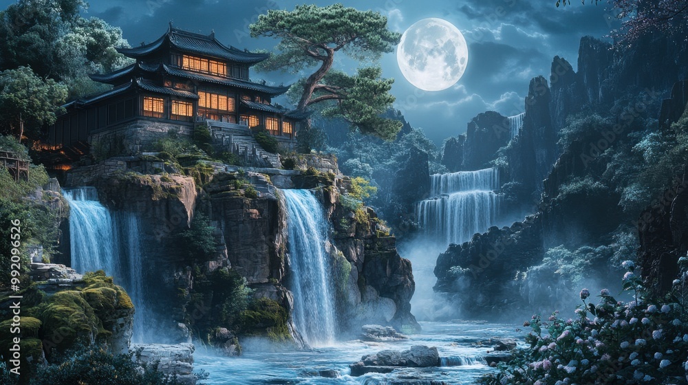 Fototapeta premium An exquisite Chinese-style home beneath a majestic pine tree, positioned on a cliff near a