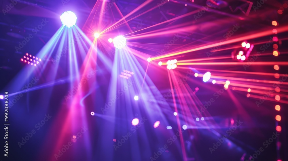 Vibrant laser beams and colorful spotlights shine in a dark club, creating a dynamic light show. Vibrant laser beams and colorful spotlights shine in a dark club, creating a dynamic light show.