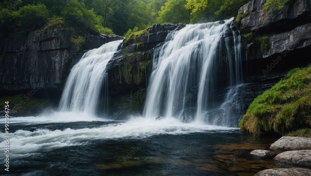 Scenic view of a waterfall surrounded by rocky terrain and green foliage Scenic view of a waterfall surrounded by rocky terrain and green foliage