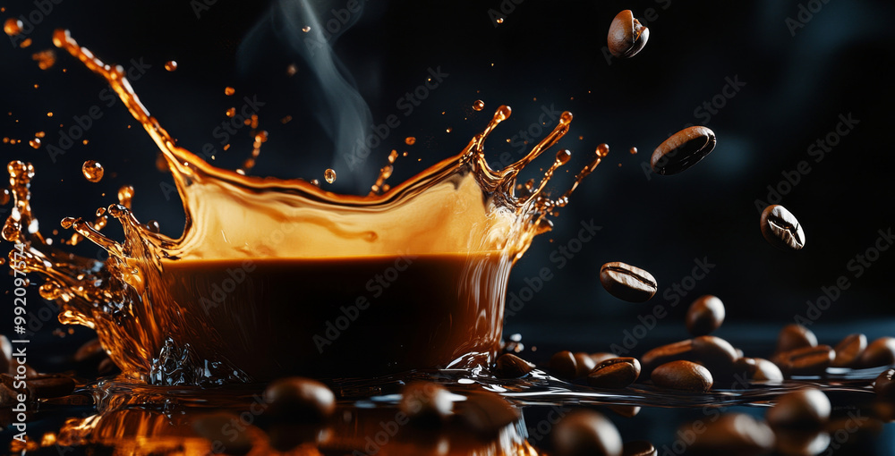 Obraz na plátně Coffee splashing into a glass with coffee beans on a black background