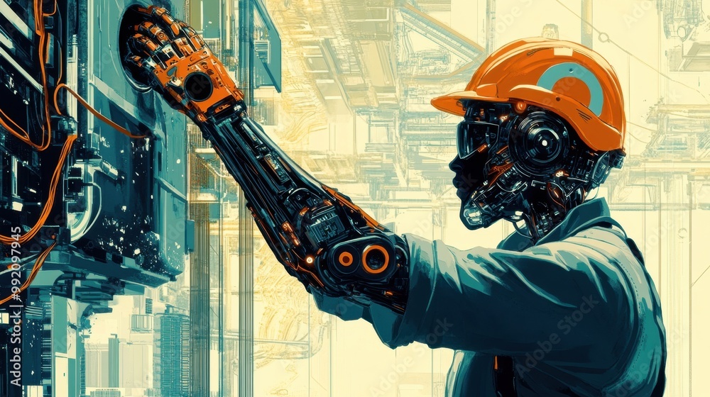 An illustration of a worker with a robotic left half showing signs of severe wear, with screws and