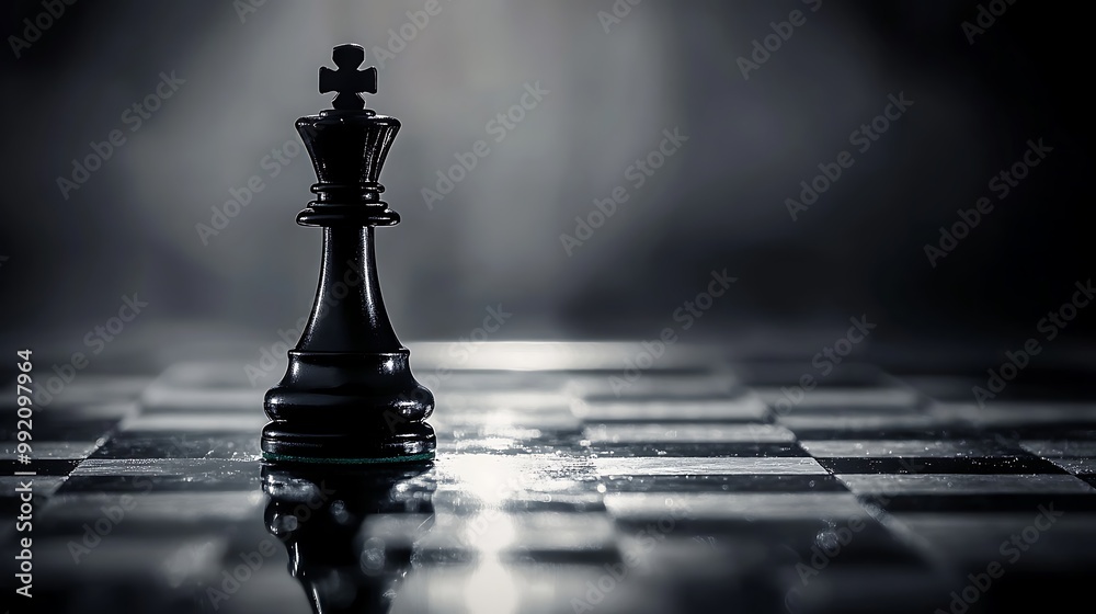 Black chess king piece on a chessboard, illuminated with a spotlight. Concept of leadership, strategy, and victory. Black chess king piece on a chessboard, illuminated with a spotlight. Concept of leadership, strategy, and victory.