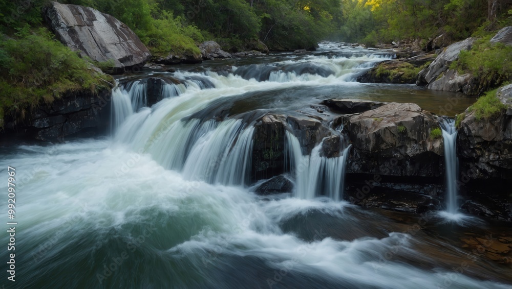 Natural landscape with multiple cascading waterfalls and rocky terrain Natural landscape with multiple cascading waterfalls and rocky terrain