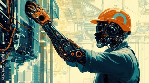 Obraz na płótnie An illustration of a worker with a robotic left half showing signs of severe wear, with screws and w salonie