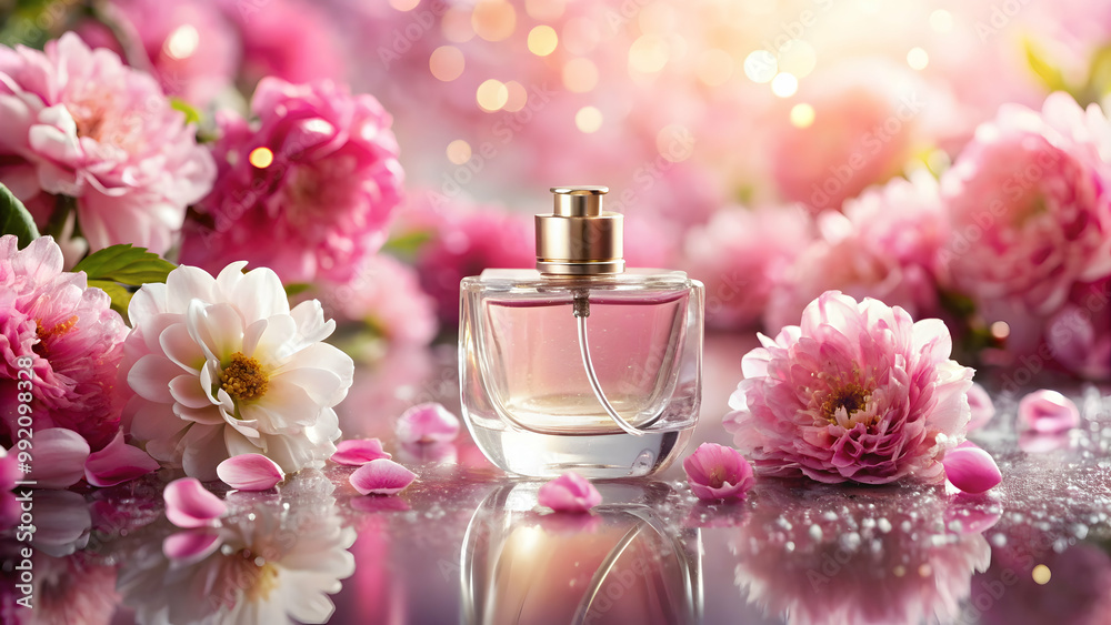 Perfume bottle surrounded by pink flowers and water droplets on the floor, fragrance, floral, elegance, beauty, feminine, luxury Perfume bottle surrounded by pink flowers and water droplets on the floor, fragrance, floral, elegance, beauty, feminine, luxury