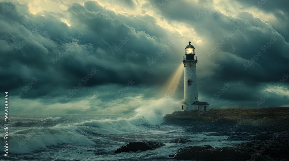 A lighthouse standing tall amidst a fierce storm, with dramatic clouds overhead and waves crashing against the rocks below, highlighted by beams of light piercing through the gloom. A lighthouse standing tall amidst a fierce storm, with dramatic clouds overhead and waves crashing against the rocks below, highlighted by beams of light piercing through the gloom.
