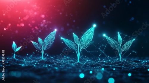 The image showcases digital plant sprouts emerging in a futuristic environment, illuminated with neon lights, representing growth, technology, and innovation.