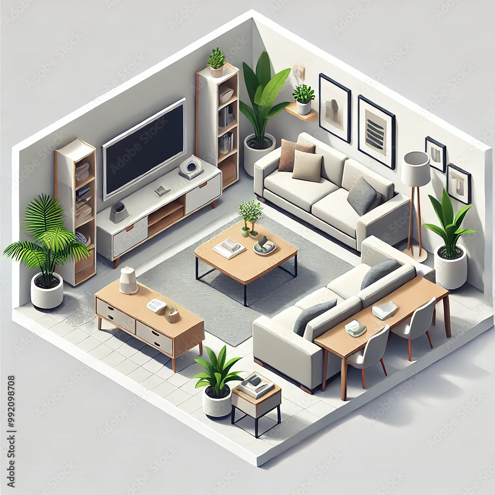 Isometric illustration of a modern living room with sofa, coffee table, TV stand, and houseplants. Minimalist home interior, clean and organized design, perfect for modern decor. AI generated Isometric illustration of a modern living room with sofa, coffee table, TV stand, and houseplants. Minimalist home interior, clean and organized design, perfect for modern decor. AI generated