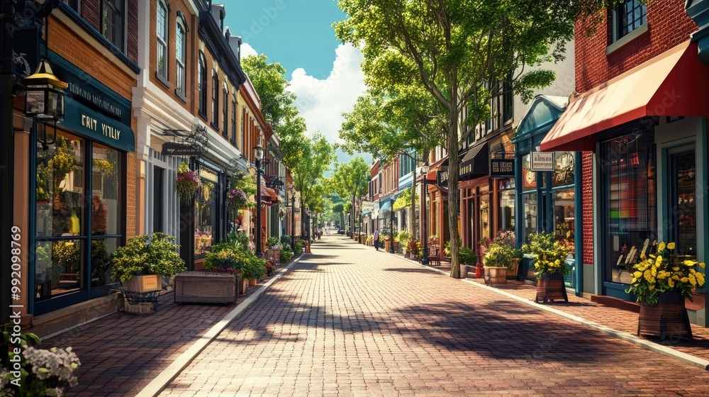 A charming city street with brick sidewalks, colorful storefronts, and urban greenery, captured with a realistic urban backdrop A charming city street with brick sidewalks, colorful storefronts, and urban greenery, captured with a realistic urban backdrop