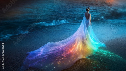 A solitary figure stands at the ocean's edge, adorned in a luminous, flowing gown that sparkles with rainbow colors, creating a dreamy, serene, and otherworldly scene.