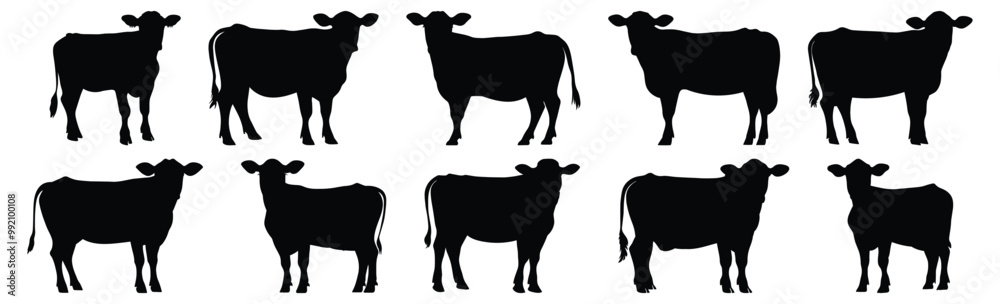 Fototapeta premium Cow silhouettes set, animal pack of vector silhouette design, isolated background.
