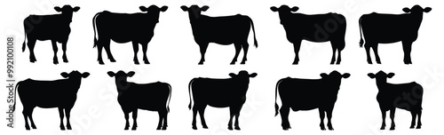 Cow silhouettes set, animal pack of vector silhouette design, isolated background.