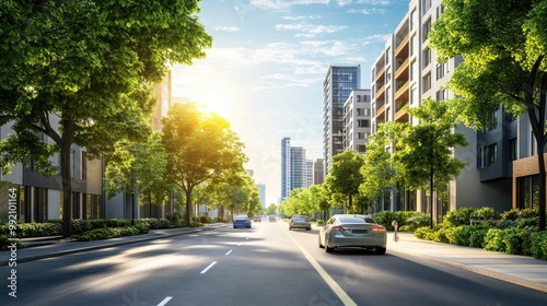 Beautiful urban street with modern buildings, lush green trees, and cars passing by, set against a realistic city backdrop