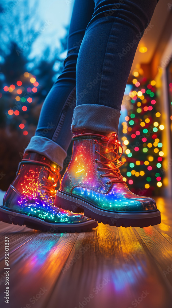a woman's legs with sparkling, colorful shoes, showcasing style and glamour at a christmas and new year celebration