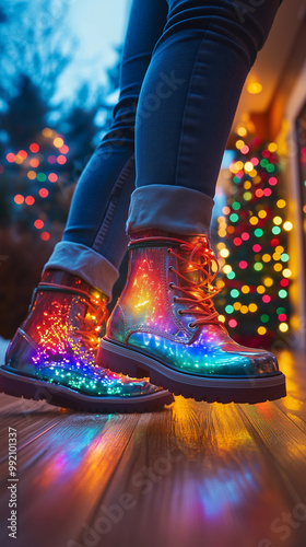 Obraz na płótnie a woman's legs with sparkling, colorful shoes, showcasing style and glamour at a christmas and new year celebration w salonie