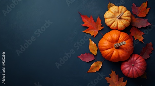 This image features three pumpkins in vibrant autumn colors, accompanied by red and orange leaves on a dark blue background, capturing the essence of the fall season.