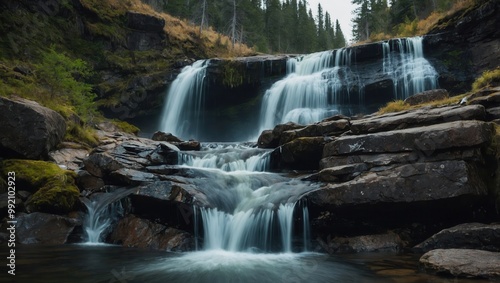 Natural waterfall scene with rocky terrain and green foliage surrounding the water