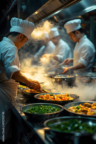 A group of chefs are cooking food in a kitchen