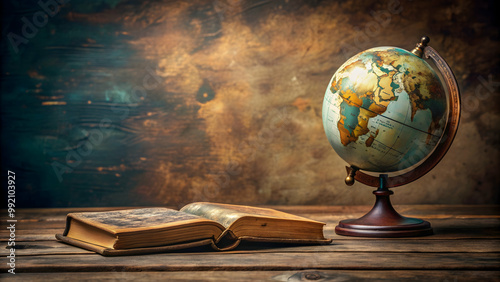 Vintage globe and old book on wooden desk, vintage, globe, retro, antique, book, still life, education, knowledge, study