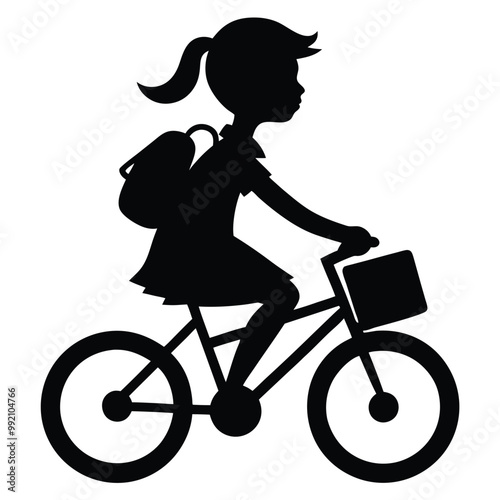 young girl with daybag riding on childrens bicycle vctor silhouette