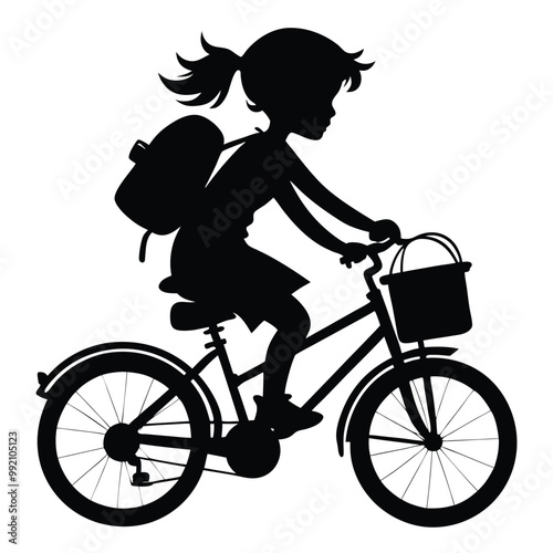 young girl with daybag riding on childrens bicycle vctor silhouette