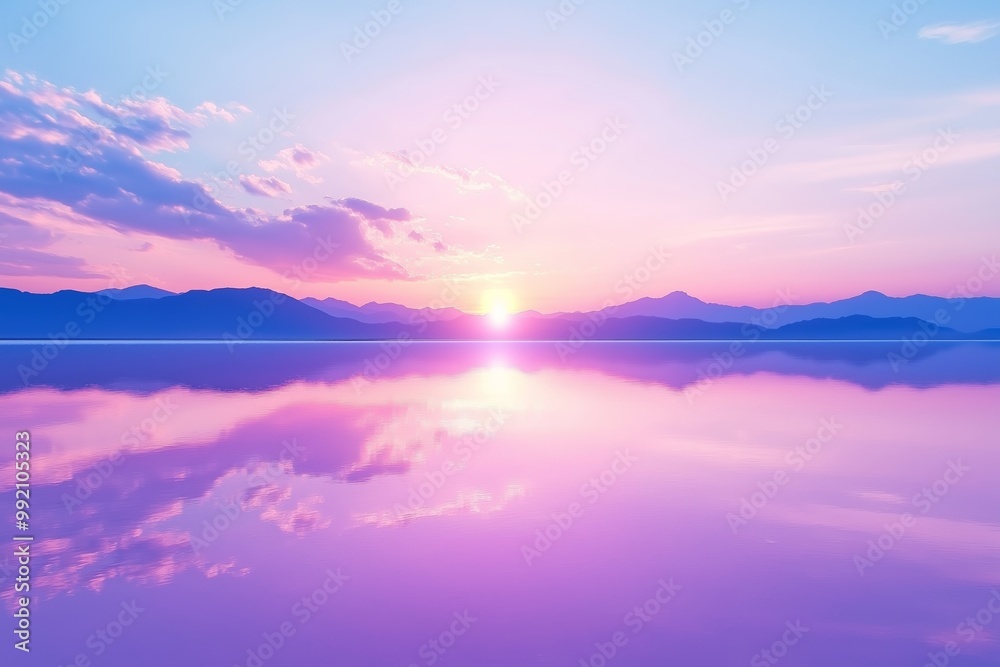 A serene view of mirror-like salt flats reflecting a colorful sunset with soft pink and purple hues, scattered clouds, and distant mountains A serene view of mirror-like salt flats reflecting a colorful sunset with soft pink and purple hues, scattered clouds, and distant mountains