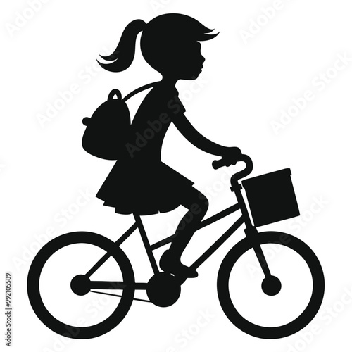 young girl with daybag riding on childrens bicycle vctor silhouette