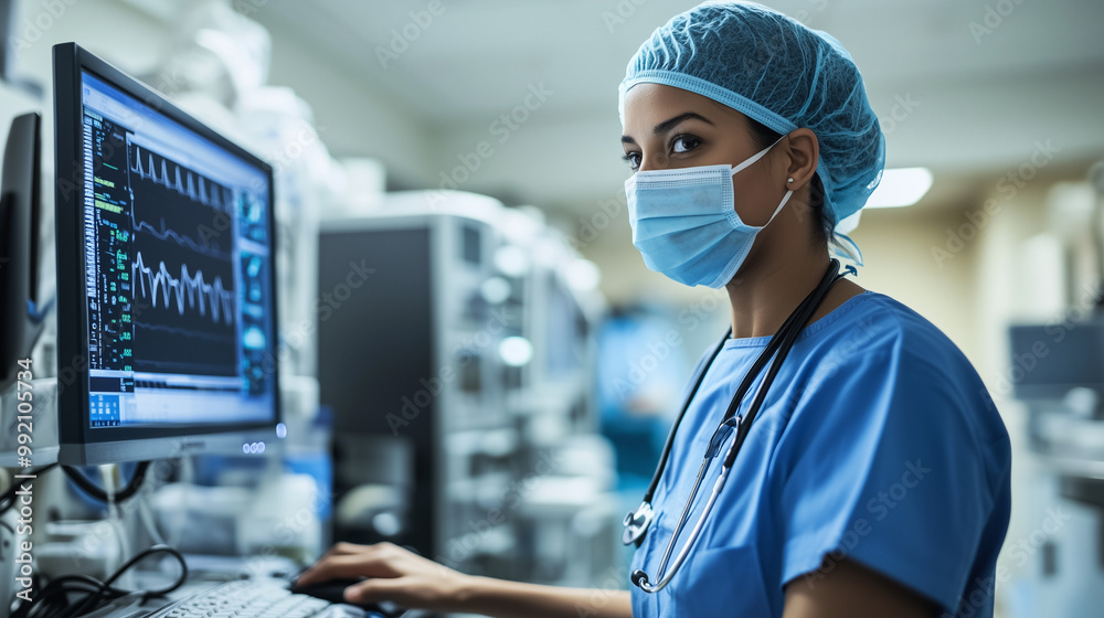 Healthcare Worker Monitoring Medical Data on Computer Healthcare Worker Monitoring Medical Data on Computer