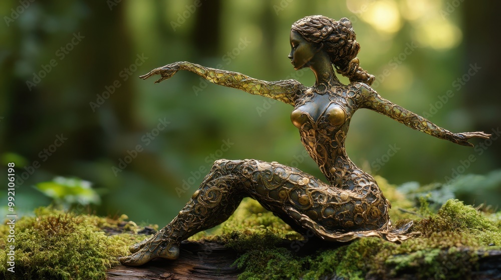 Create an image of a majestic dancer sculpture with intricate golden scales, standing in a refined Create an image of a majestic dancer sculpture with intricate golden scales, standing in a refined