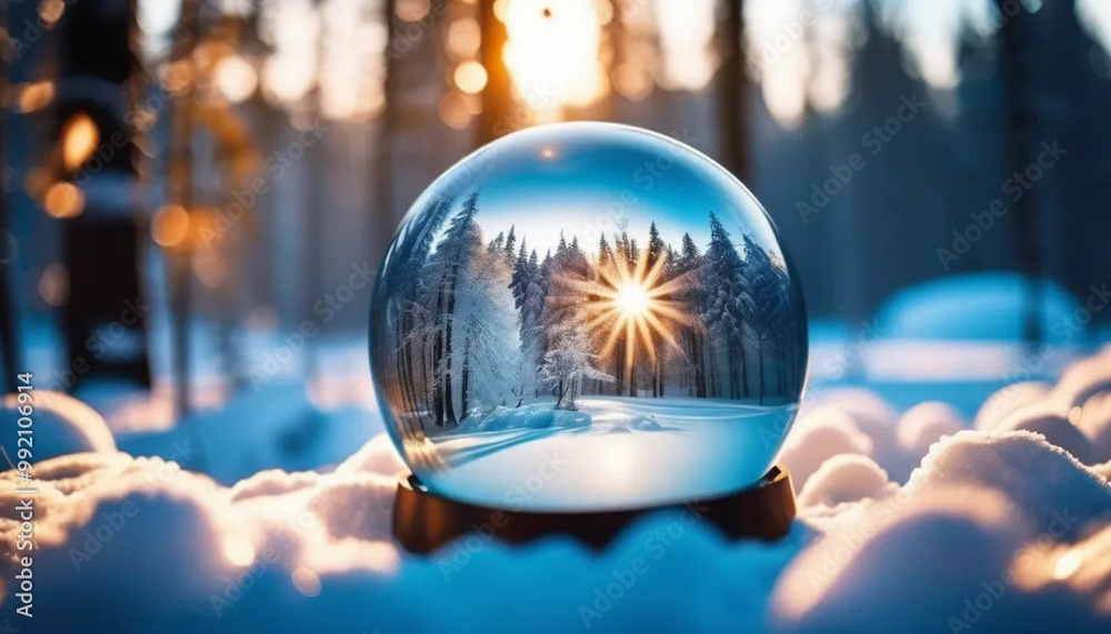 Crystal ball reflecting winter forest, ai Crystal ball reflecting winter forest, ai