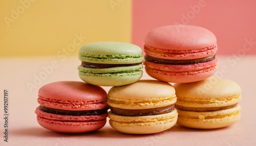 colorful macaroons on wooden table