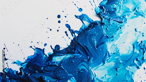 light blue and dark blue paint spilled on a white background blots