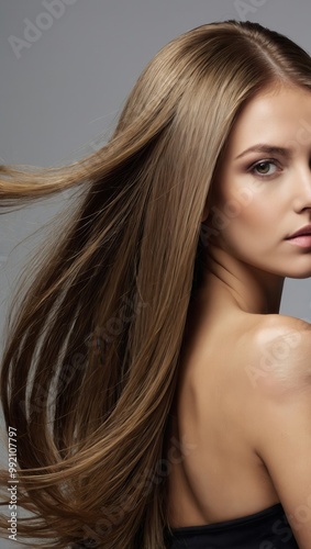 Blonde woman with long hair, black high-neck top, neutral two-tone background