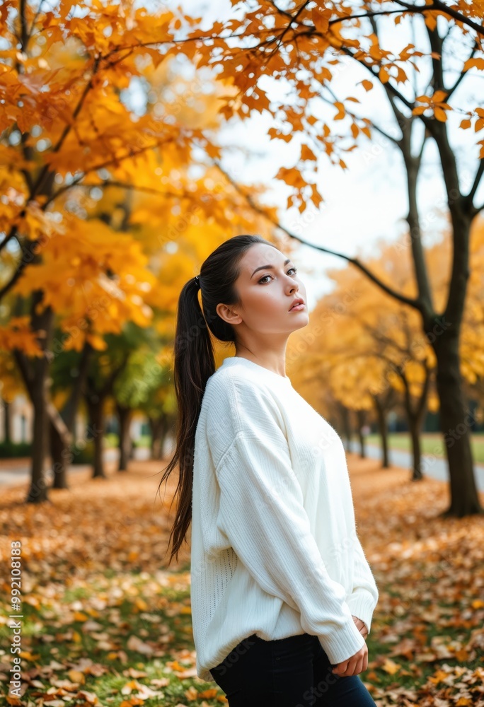 A young woman in a white sweater and black pants stands in a park during autumn, gazing upwards at the sky and surrounded by fallen leaves, with trees displaying vibrant orange leaves A young woman in a white sweater and black pants stands in a park during autumn, gazing upwards at the sky and surrounded by fallen leaves, with trees displaying vibrant orange leaves