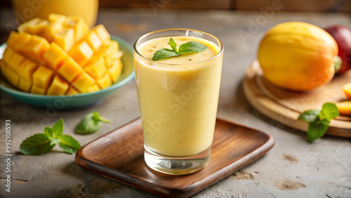 Mango smoothie with fresh mint and sliced mangoes on wooden tray