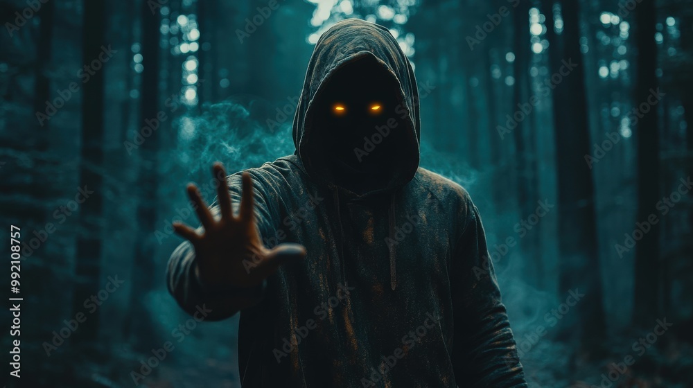 Mysterious Hooded Figure in a Foggy Forest Mysterious Hooded Figure in a Foggy Forest