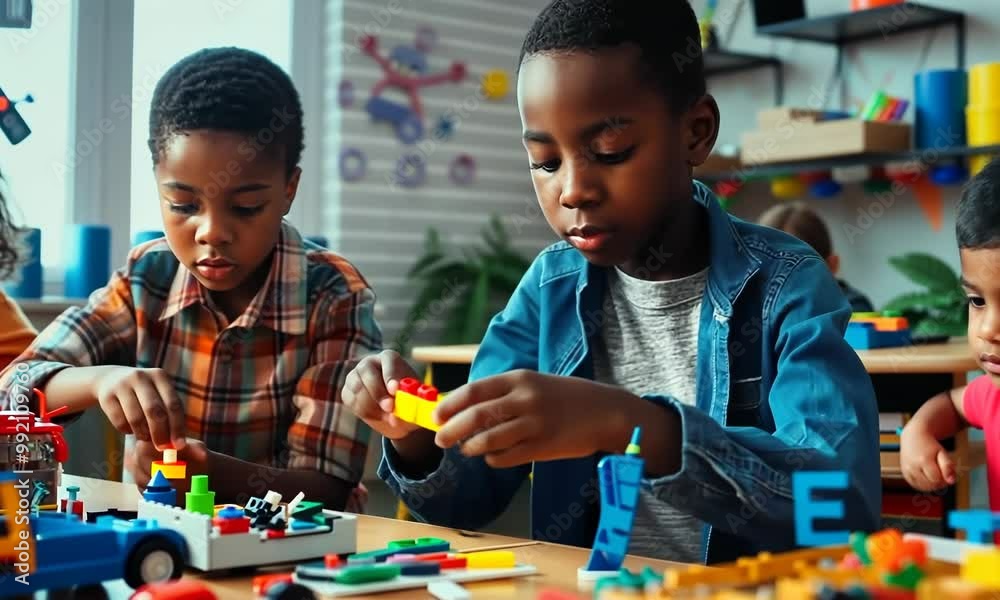 Two children are playing with in a classroom Video Two children are playing with in a classroom Video