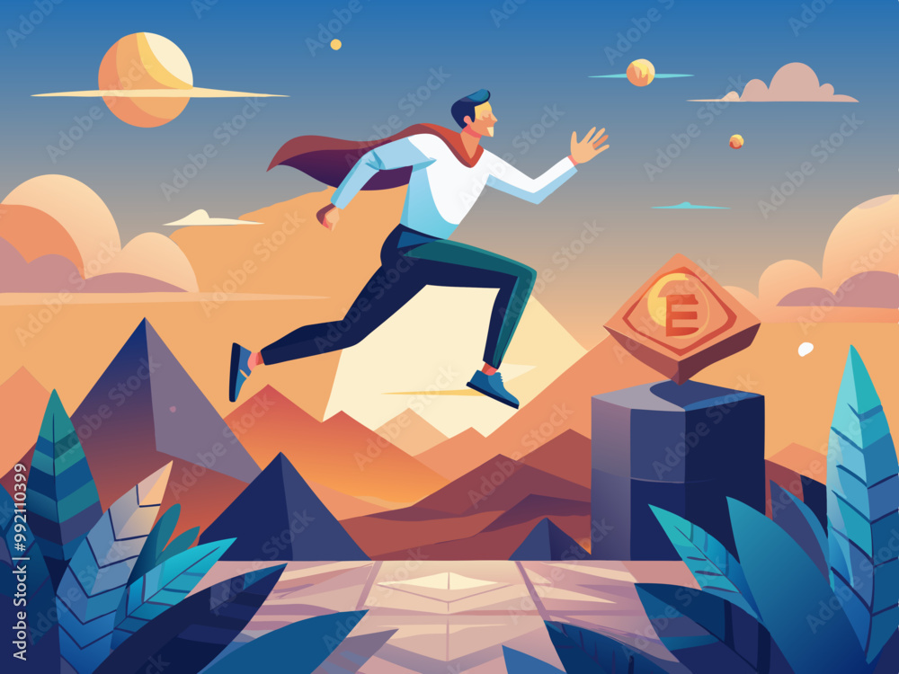 Fototapeta premium A man jumping into the blockchain to invest in cryptocurrencies, Bitcoin, Ethereum, NFTs. 