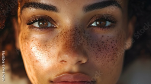 Close-up Portrait of Woman with Freckles and Brown Eyes.