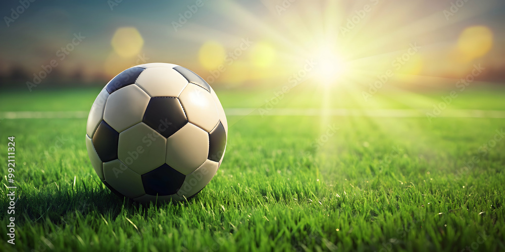 Fototapeta premium Soccer ball on green grass field, Soccer, ball, grass, sport, game, outdoor, field, round, equipment, play, competition