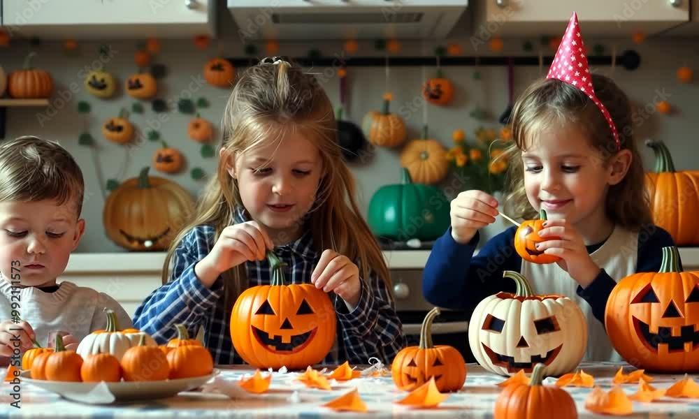 Three children are carving pumpkins in a kitchen Video Three children are carving pumpkins in a kitchen Video