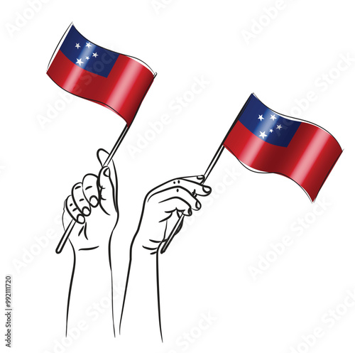 Scalable and editable eps vector Outline line stroke contour art of hands holding national waving flag of Samoa photo