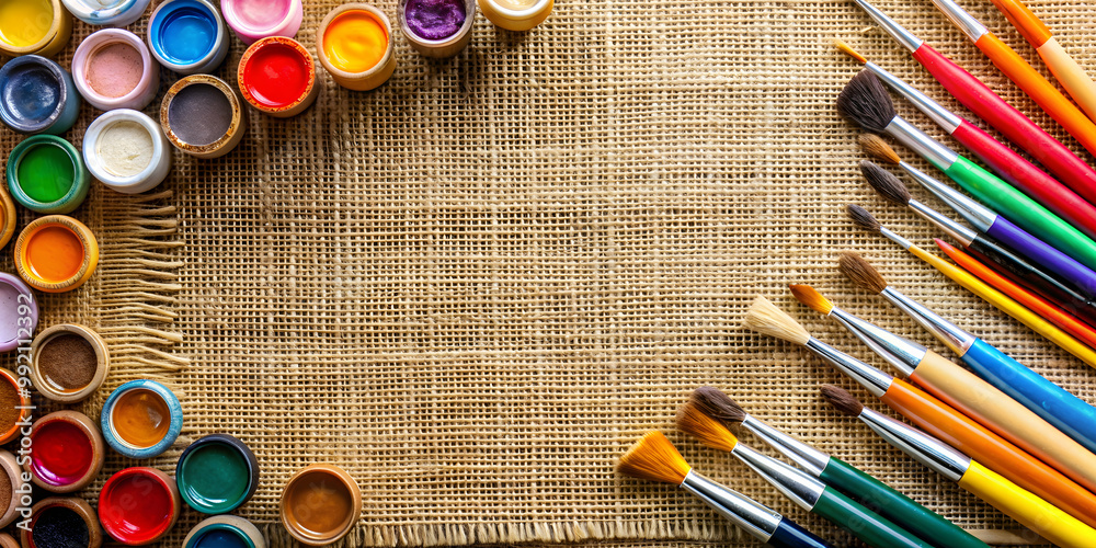 Brushes and acrylic paints on canvas for painting by numbers, top view flat lay, brushes, acrylic paints, canvas Brushes and acrylic paints on canvas for painting by numbers, top view flat lay, brushes, acrylic paints, canvas