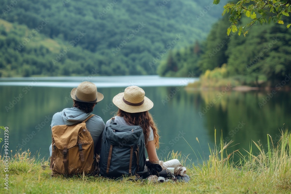 Couple of hikers relaxing by the lake enjoying the view Couple of hikers relaxing by the lake enjoying the view