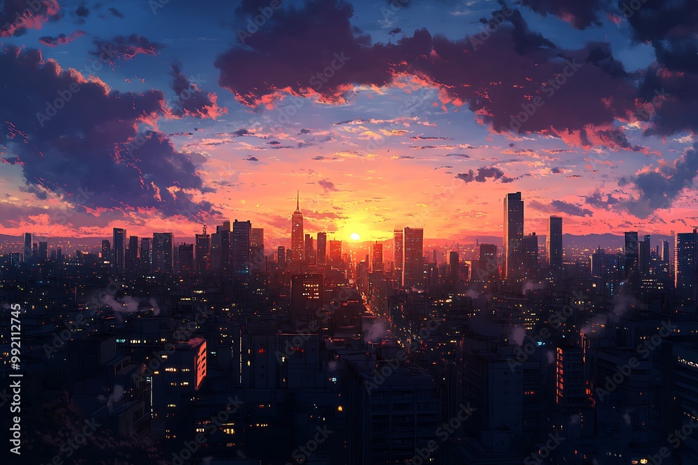 Fototapeta premium Vibrant Sunset Over City Skyline in Anime Style