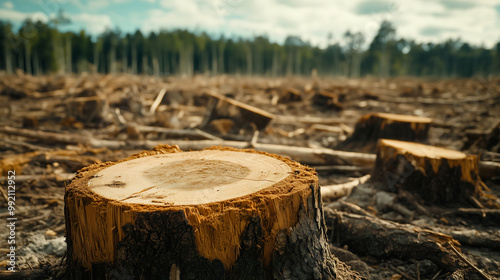 Tree Stump in Deforested Area Highlighting Environmental Impact of Logging