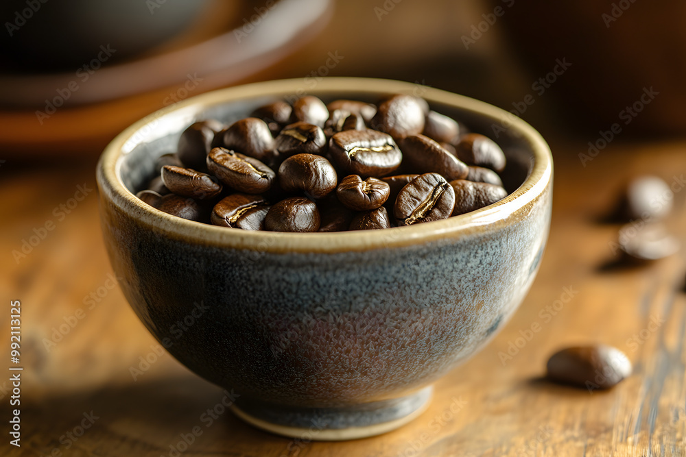 Close-Up of Coffee Beans Piled in a Simple Ceramic Bowl. Close-Up of Coffee Beans Piled in a Simple Ceramic Bowl.