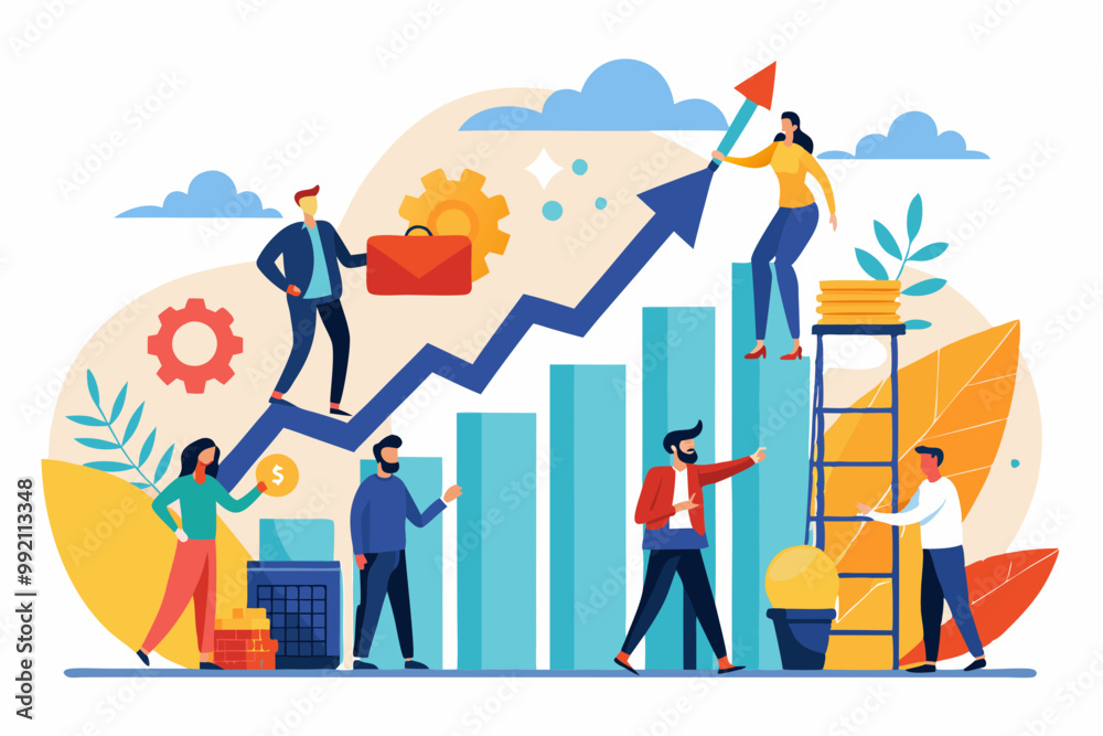 Teamwork to help business growth, team success or increase performance, improvement or growing business, career growth or effort to succeed concept, business people team help build growth graph chart. Teamwork to help business growth, team success or increase performance, improvement or growing business, career growth or effort to succeed concept, business people team help build growth graph chart.