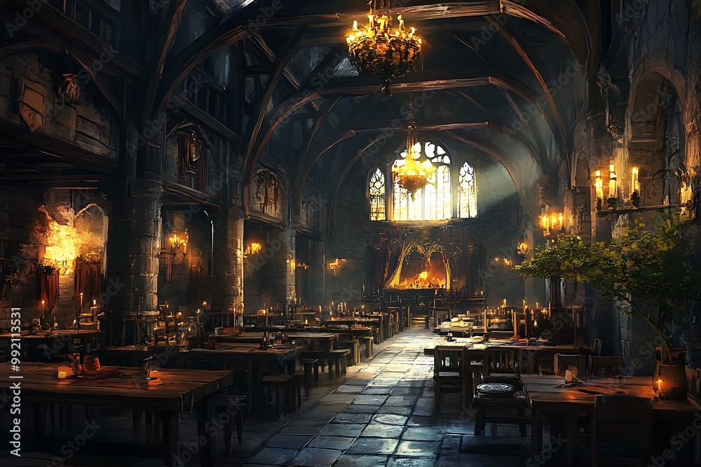 Dark fantasy interior with stone walls and gothic architecture, a large wooden table and a candelabra. Dark fantasy interior with stone walls and gothic architecture, a large wooden table and a candelabra.